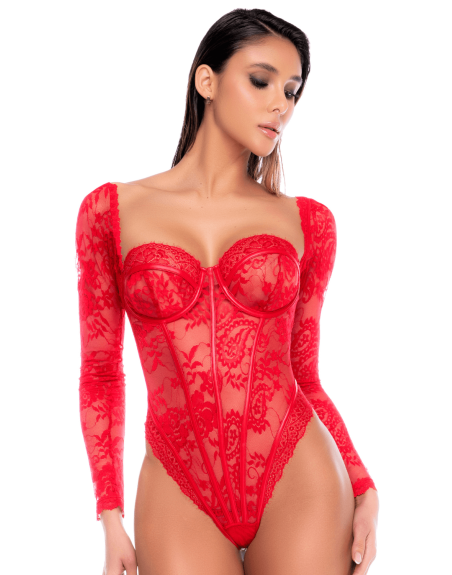 Body rouge à manches longues en dentelle avec armatures - Mapalé