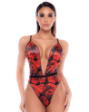 Body noir et rouge en résille transparente avec imprimé et décolleté plongeant - Mapalé