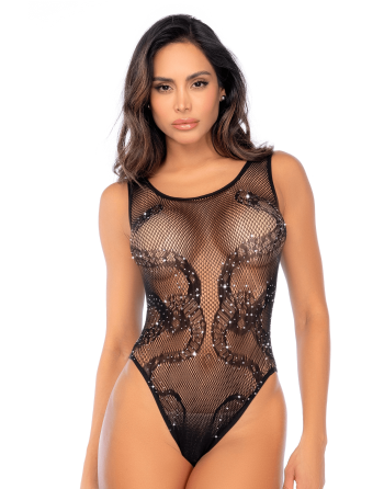 Body noir en résille motif serpent, orné de strass, ouvert à l’entrejambe - Mapalé