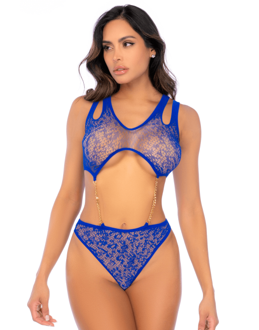 Body en résille bleu avec chaînes dorées - Mapalé