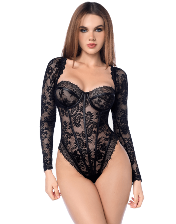 Body sexy manches longues en dentelle gothique et détails effet cuir