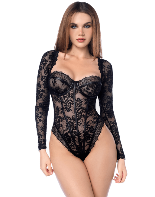 Body sexy manches longues en dentelle gothique et détails effet cuir