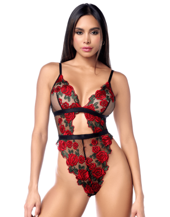 Teddy taille haute en résille noire brodée de roses avec ceinture