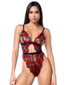 Teddy taille haute en résille noire brodée de roses avec ceinture