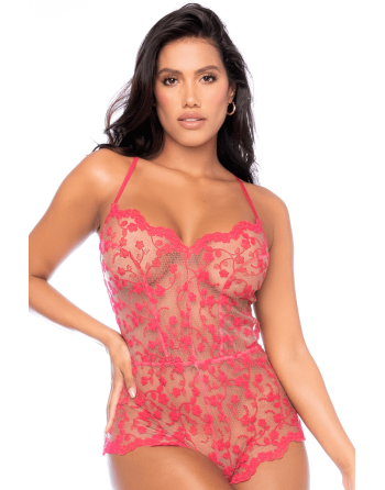 Combishort en dentelle transparente couleur cerise 