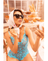 Combishort en dentelle transparente turquoise