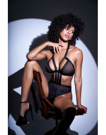 Body string noir en maille transparente