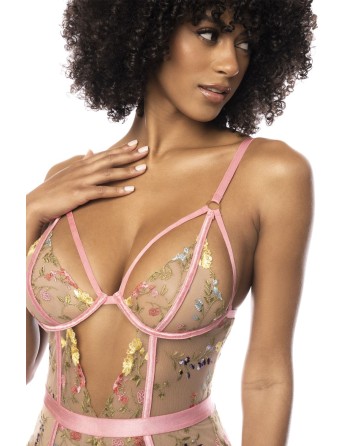 Body guépière avec dentelle brodée florale Sydney, porte jarretelles réglables et détachables 