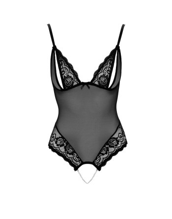 Body string en dentelle et résille noire avec perles à l'entrejambe 