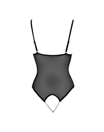 Body string en dentelle et résille noire avec perles à l'entrejambe 