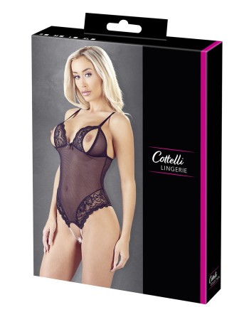 Body string en dentelle et résille noire avec perles à l'entrejambe 