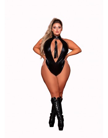 Body en simili cuir grande taille, extensible avec col clouté et fouet - DG12450XBLK