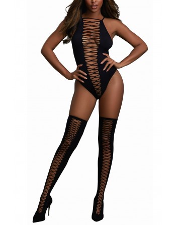 Body opaque avec croisillons et bas assortis - DG0313BLK