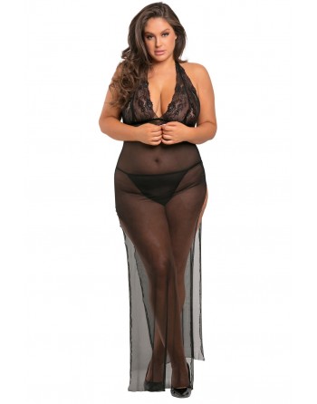 Nuisette longue grande taille fendue transparente - REN51004X-BLK