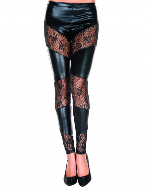 Legging noir wetlook avec bandes de dentelle florale - MH35134BLK