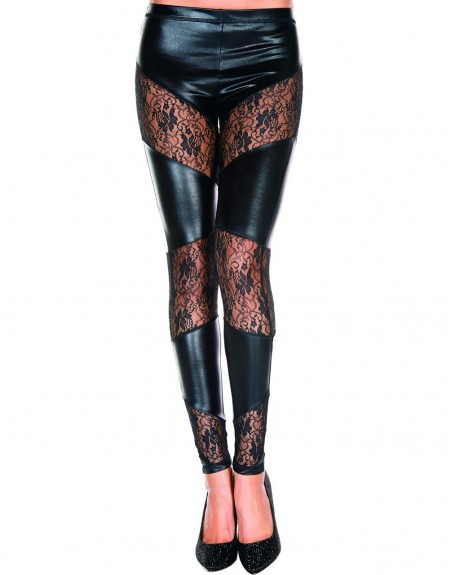 Legging noir wetlook avec bandes de dentelle florale - MH35134BLK