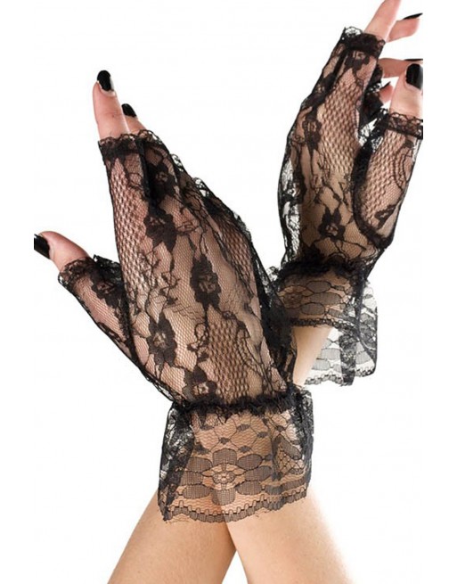 Gants ouverts noirs dentelle résille et volants sur les poignets - ML428BLK Gants ouverts noirs dentelle résille et volants sur les poignets - ML428BLK