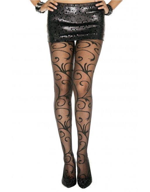 Collant fantaisie noir nylon avec fioritures - MH7129BLK Collant fantaisie noir nylon avec fioritures - MH7129BLK