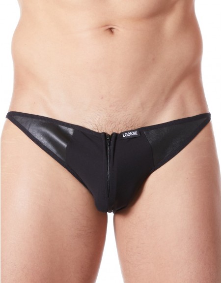 Slip brief noir sexy avec fermeture éclair et côtés style cuir dos transparent - LM813-61BLK