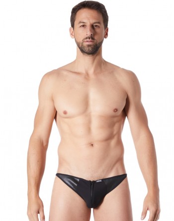 Slip brief noir sexy avec fermeture éclair et côtés style cuir dos transparent - LM813-61BLK