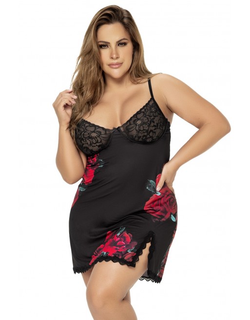 Nuisette noire grande taille motif fleuri et string assorti - MAL7438XBLF Nuisette noire grande taille motif fleuri et string assorti - MAL7438XBLF