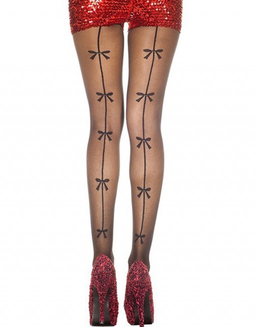Collant noir fantaisie effet couture et grands noeuds - MH7183BLK Collant noir fantaisie effet couture et grands noeuds - MH7183BLK