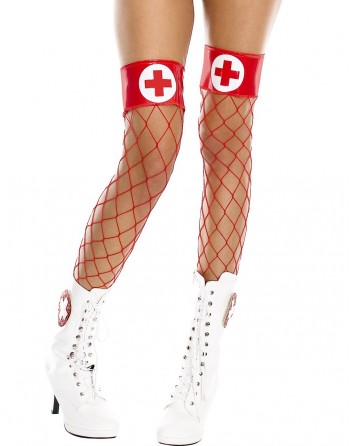 Bas filet rouges jarretières brillantes et croix infirmière - MH4884REW