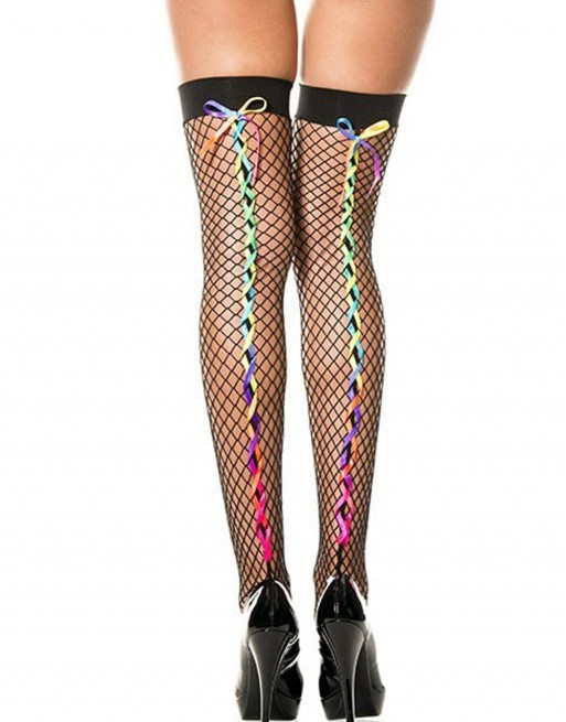 Bas noirs résille filet avec rubans colorés arc en ciel - MH4643BRA Bas noirs résille filet avec rubans colorés arc en ciel - MH4643BRA